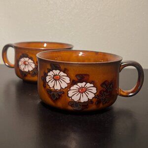 Set of 2 Vintage Otagiri Caramel Glazed Stoneware Daisy Flower Mugs / Soup Bowls